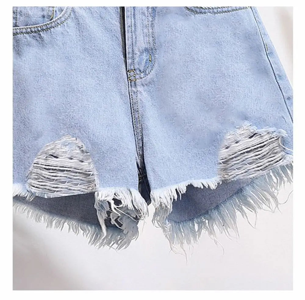 Summer Women's Cowboy Shorts Korean High Waist Casual Denim Shorts Pocket Tassel Perforated Ripped Holes Y2K Girls White Jeans - Smarsty