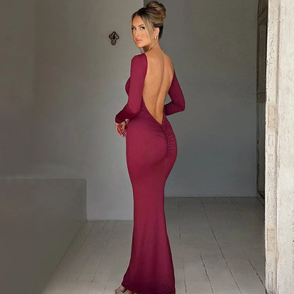 Hugcitar Spring Elegant Long Sleeve Backless Solid Cuched Sexy Bodycon Maxi Prom Dress Women Outfit Evening Party Festival Y2K - Smarsty