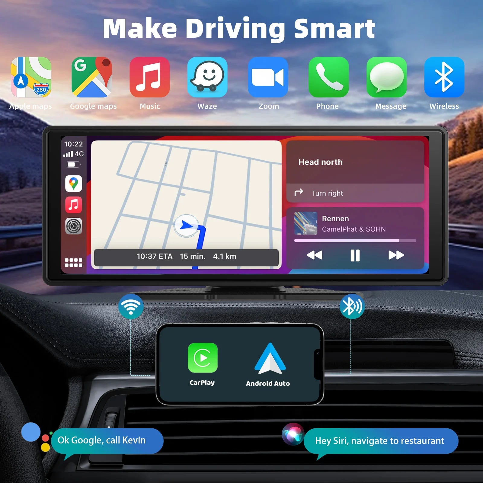 Portable Wireless Carplay Car Stereo, 10.26" inch HD Touchscreen for Car with CarPlay & Android Auto with Mirror Link/Backup Cam - Smarsty