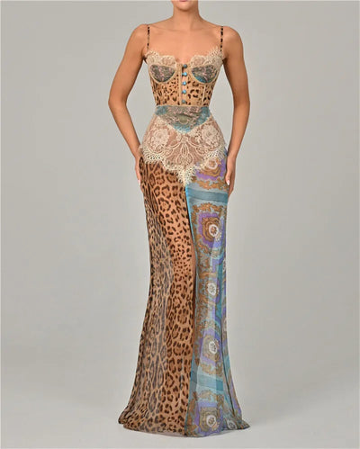 Mozision Leopard Print Lace Split Sexy Maxi Dress Women Gown Elegant Patchwork Chiffon Sleeveless Backless Beach Evening Dress - Smarsty