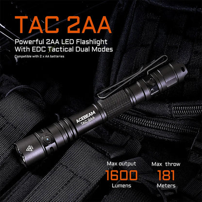 ACEBEAM TAC 2AA LED flashlight 1600 lumen 181 meters portable EDC flashlight USB-C rechargeable battery double buttons torch