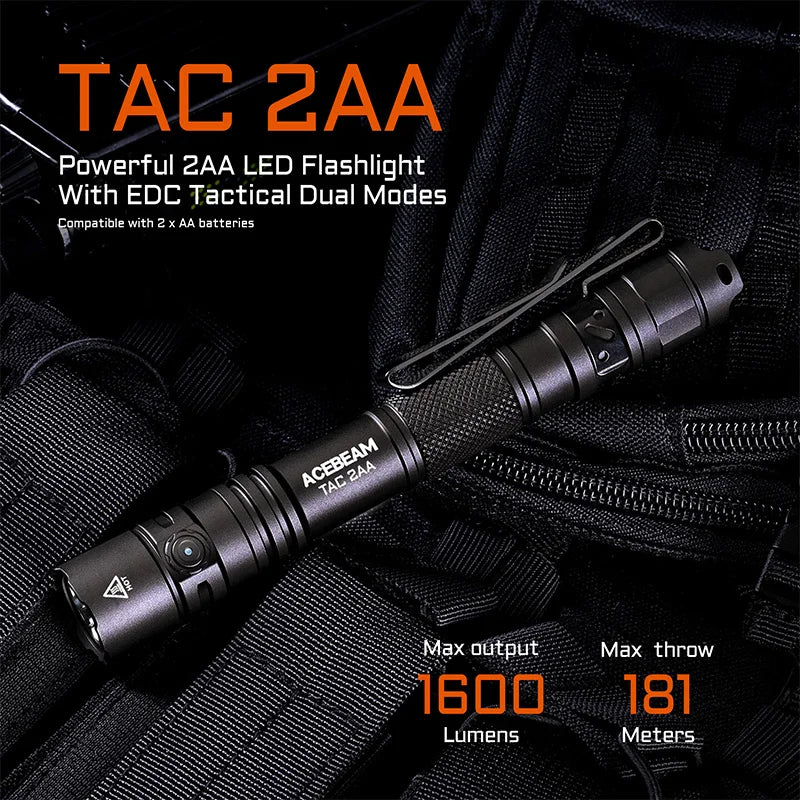 ACEBEAM TAC 2AA LED flashlight 1600 lumen 181 meters portable EDC flashlight USB-C rechargeable battery double buttons torch