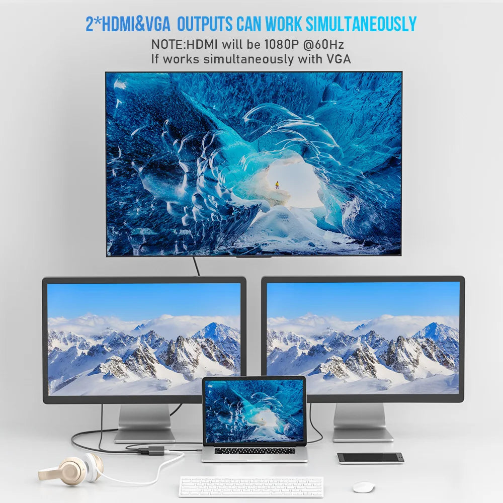 Lemorele 2 Port USB C Hub to Dual HDMI 4K 60HZ Dual Screen Expansion Type C VGA Docking Station For Macbook Laptop Mobile Phone