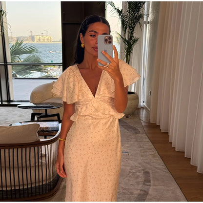 Sweet Floral Printed Ruffle Hem Dress Chic A-line Lapel Puff Sleeve Dresses For Women 2025 Summer Lady Holiday Street Gowns New