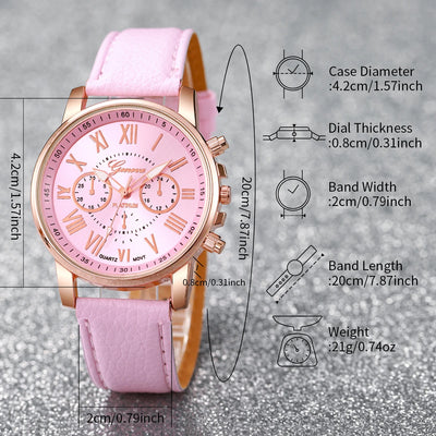 5/6PCS Fashion Women's Quartz Watch Leather Band Analog Wrist Watches Heart Rhinestone Jewelry Set(Without Box) - Smarsty