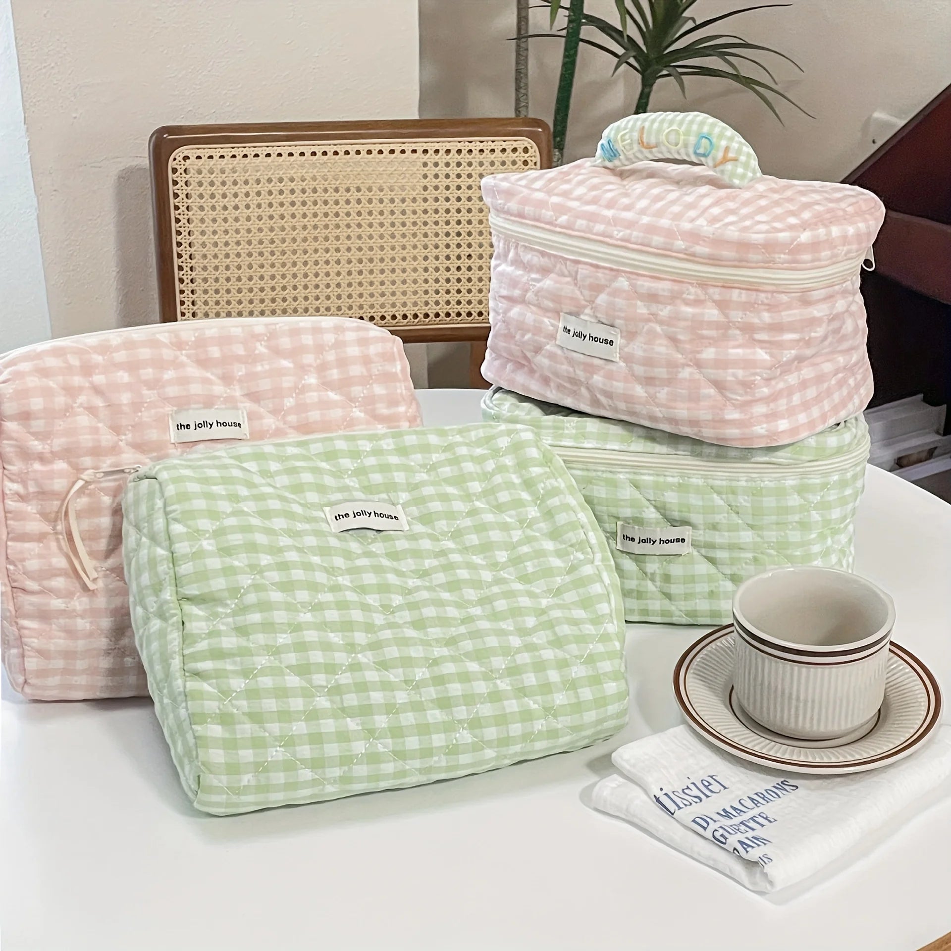 Solid Color Plaid Makeup Bag Travel Cosmetic Organizer - Smarsty
