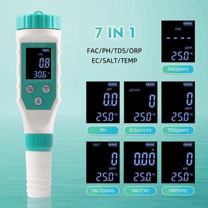 Digital Chlorine PH Tester 7 in 1 Water Quality Analyzer - Smarsty