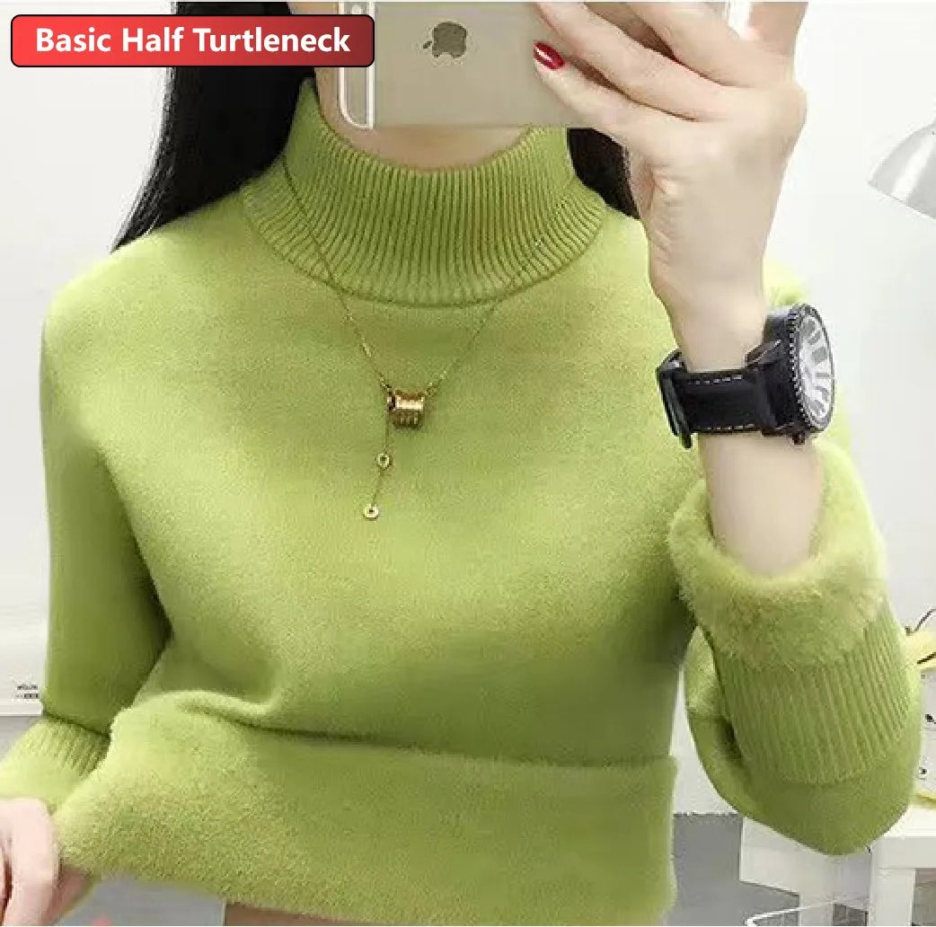 Turtleneck Winter Sweater Women Elegant Thicken Velvet Lined Warm Sueter Knitted Pullover Slim Tops Jersey Knitwear Jumper New - Smarsty