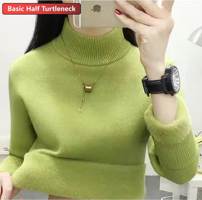 Turtleneck Winter Sweater Women Elegant Thicken Velvet Lined Warm Sueter Knitted Pullover Slim Tops Jersey Knitwear Jumper New - Smarsty