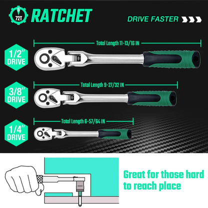3-Piece Flex Head Ratchet Set, 1/4", 3/8", 1/2" Drive, 72-Tooth Ratchet with Chromium Plating Quick Release Reversible Design