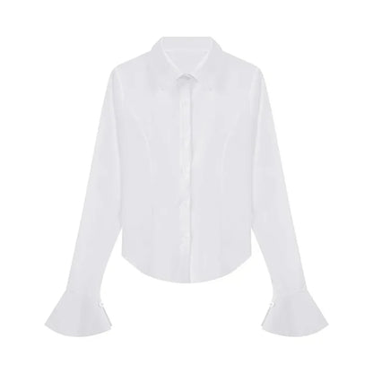 Gidyq Fashion Women Bandage Shirts Korean All Match Streetwear Female Slim Blouse Spring Casual White Bell Sleeve Shirt New - Smarsty