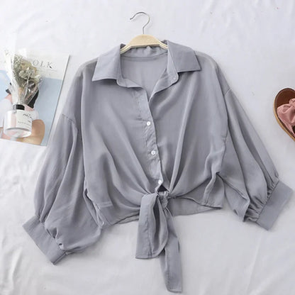 Casual Loose Hollow White Clothes Elegant Solid Color Tied Waist Blouse Women Summer Bat Half Sleeve Button Chiffon Shirt - Smarsty