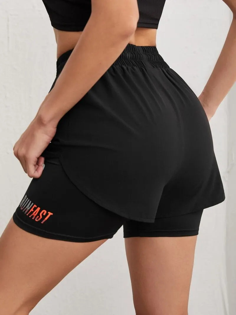 Women's High Rise Yoga Shorts With Elastic Proximity Control Running Shorts, Fake Two Pieces Pants - Smarsty
