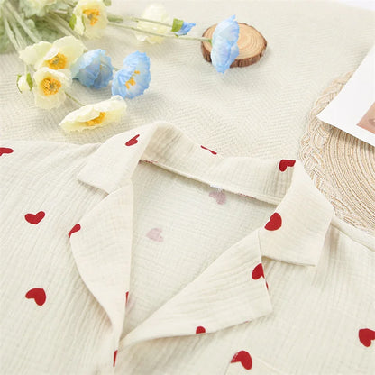Summer New Love Heart Print Pyjama 100% Cotton Long Sleeve Set 2Pcs Outfit Lapel Sleepwear Button Down Women's Pajamas Nightwear - Smarsty