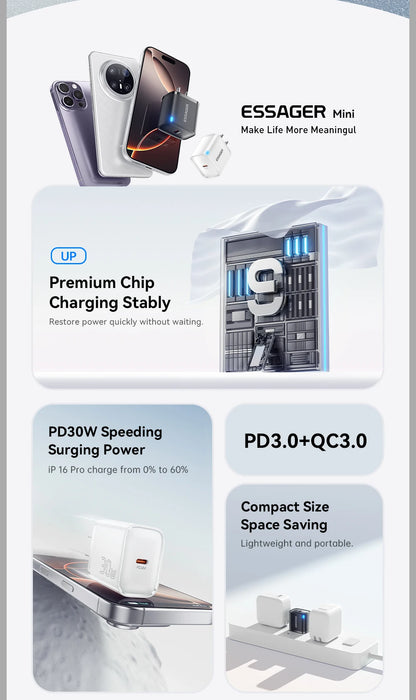 Essager Mini 30W Type C Charger PD QC3.0 Fast Type C Charger For iPhone 16 15 14 13 Pro Samsung S25 Xiaomi iPad Travel Adapter - Smarsty