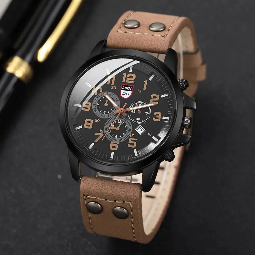 Men's Casual Leather Strap Quartz Sports Watch - Smarsty