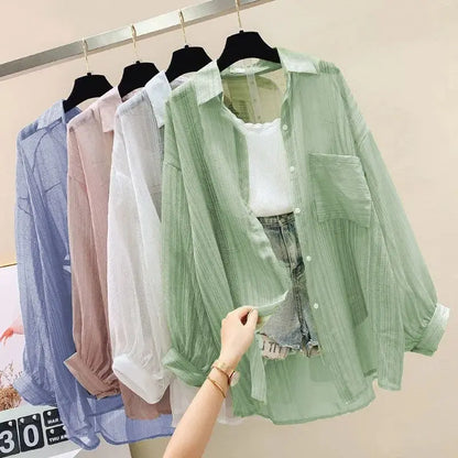 Summer Sunscreen Shirt Elegant Perspective Thin Chiffon Blouse Korean Harajuku See Through Loose Top Casual Women's Cardigan - Smarsty