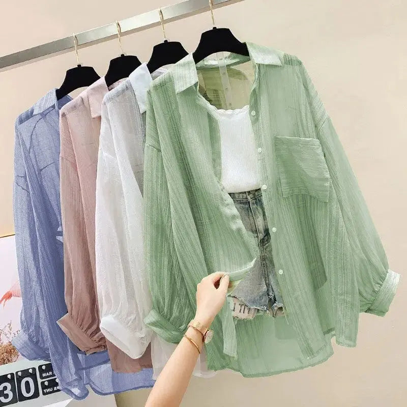 Summer Sunscreen Shirt Elegant Perspective Thin Chiffon Blouse Korean Harajuku See Through Loose Top Casual Women's Cardigan - Smarsty