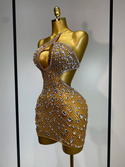 Sexy Sparkly Diamond Backless Short Dress 2025 Women Sleeveless Mesh See Through Evening Birthday Gown Singer Stage Outfit - Smarsty