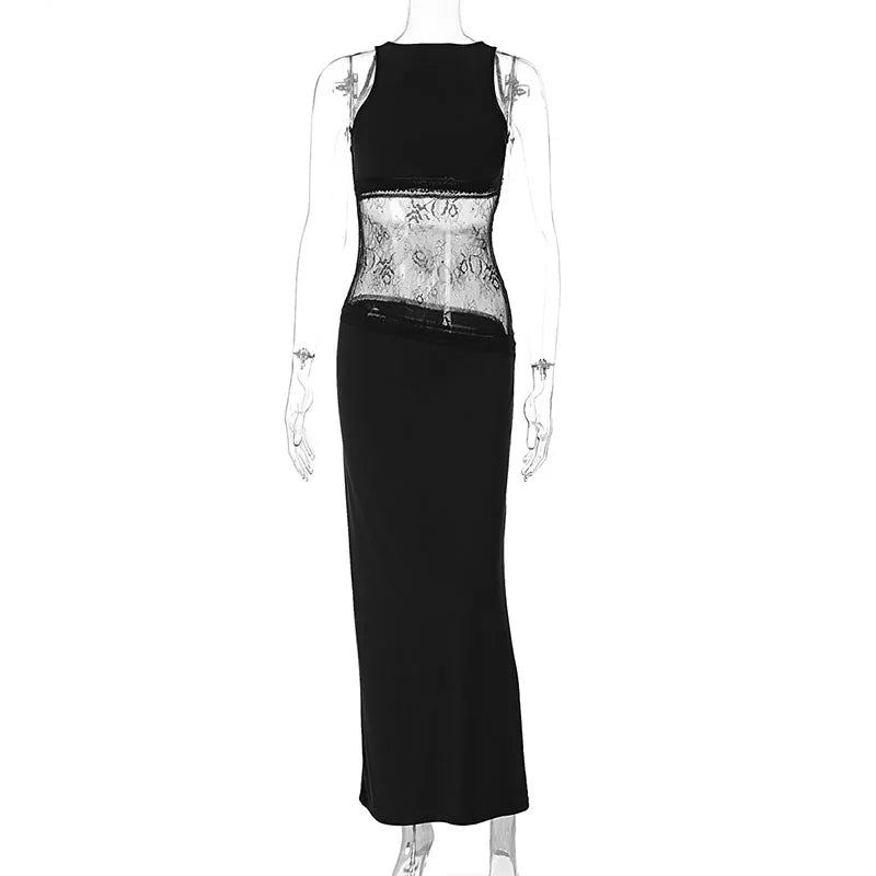Elegant Lace Halter Dress Women Slim V-neck Backless Evening Long Dresses Woman Sleeveless Vintage Party Robe Lady Spring Summer - Smarsty