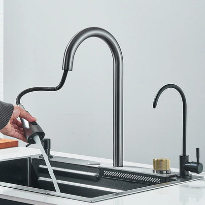 Large 304 Stainless Steel Waterfall Kitchen Sink with Faucet - Smarsty