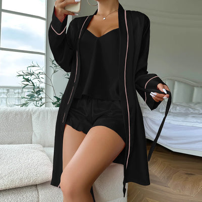 Simple Satin Pajama Set Long Sleeve Belted Robe  V Neck Cami Top And Shorts Women's Sleepwear - Smarsty