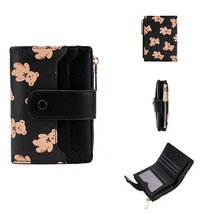 Women Short Wallets PU Leather Female Bifold Purses Cute Bear Card Holder Wallet for Girl Small Zipper Wallet with Coin Purse - Smarsty