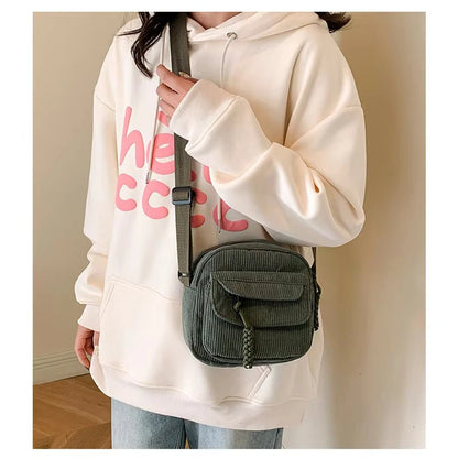 Corduroy Crossbody Bag Zipper Closure Adjustable Strap - Smarsty