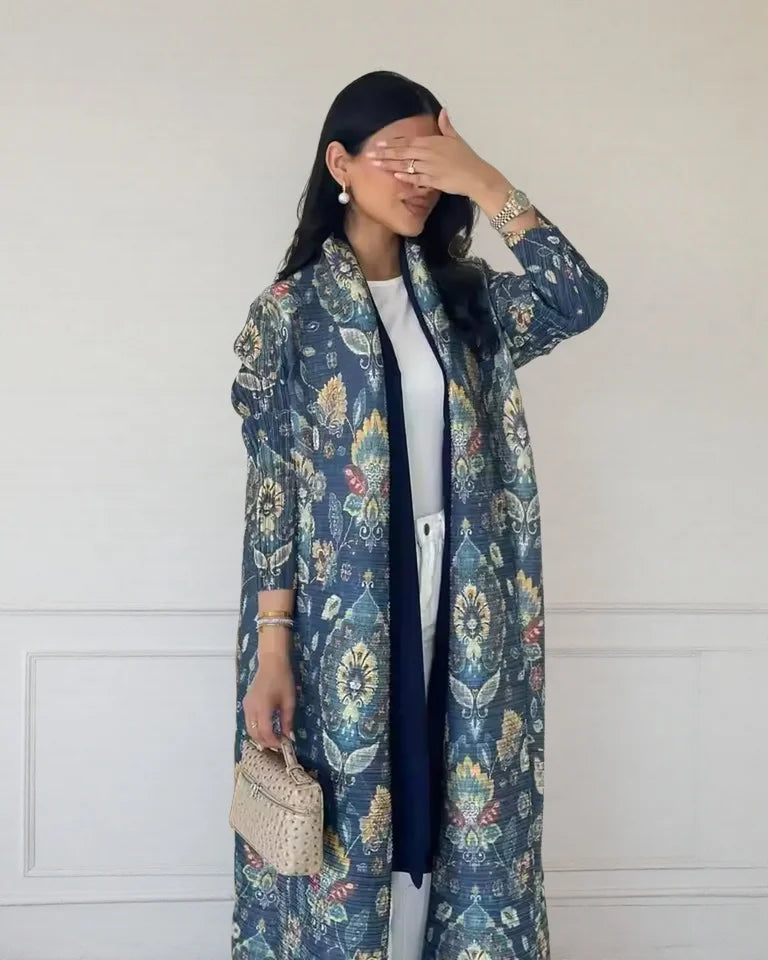 Women's Fold Miyake Pleated Abaya Long Sleeve Print Foldable Collar Robe Cardigan Coat New Winter Fashion Original Design 2024 - Smarsty