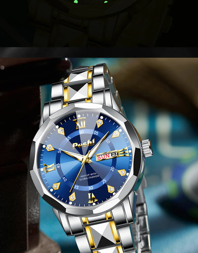 Poshi Men's Waterproof Luminous Quartz Watch with Dual Calendar - Smarsty