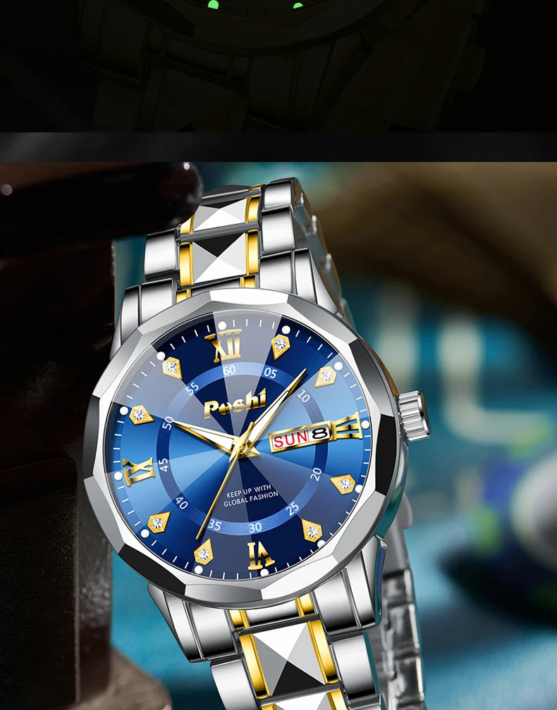Poshi Men's Waterproof Luminous Quartz Watch with Dual Calendar - Smarsty