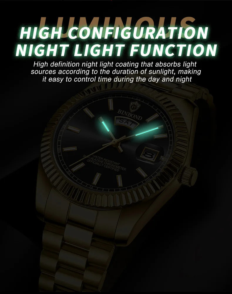 BINBOND Mens Waterproof Quartz Watch with Stainless Steel Band - Smarsty