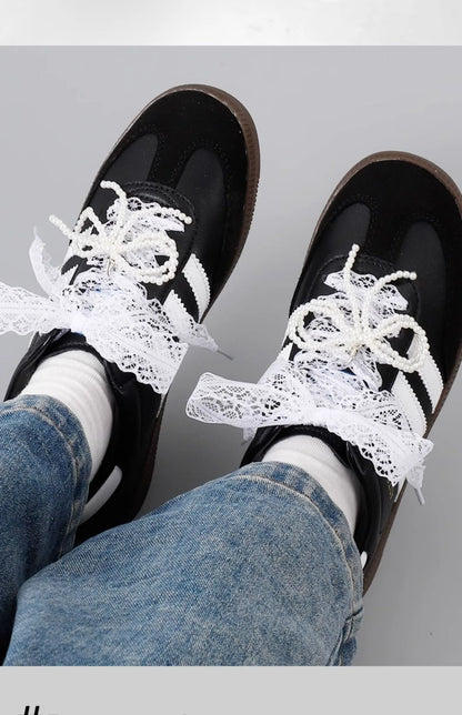 Fancy Lace Shoelaces for Women Casual Shoes 2.9CM Width Flat Shoelace for Sneakers Black White Shoe Laces Accessorices
