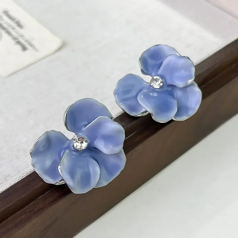 Enamel Flower Stud Earrings Cute Crystal Five Petal - Smarsty