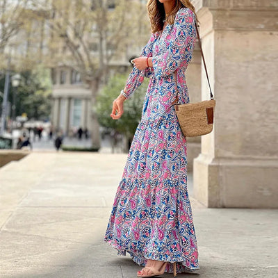 Women's Autumn New Fashionable Printed Sexy V-neck Long Sleeve High Waist Elastic Waist Medium Length Bohemian Dress - Smarsty