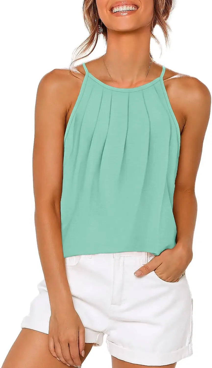 Womens Pleated Tank Tops Spaghetti Strap Camisole Halter Tops Curved Hem Fashion 2024