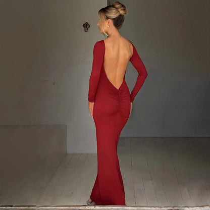 Hugcitar Spring Elegant Long Sleeve Backless Solid Cuched Sexy Bodycon Maxi Prom Dress Women Outfit Evening Party Festival Y2K - Smarsty