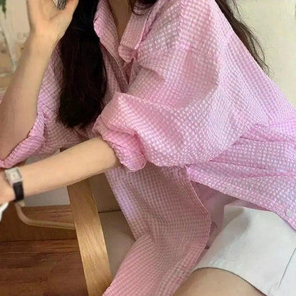 Korean Women's Shirt Sunscreen Long Sleeves Shirt Summer Women's Loose Casual Single Breasted Turndown Collar Plaid - Smarsty