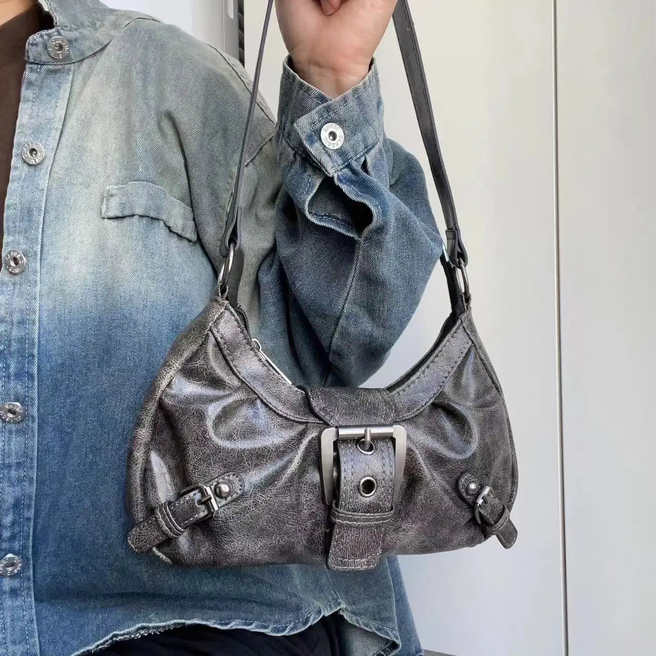 Vintage Leather Shoulder Mini Bag Y2K Wasteland Style - Smarsty