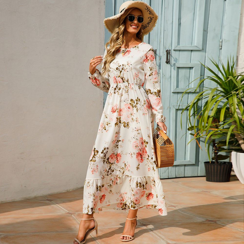 2023 Sping Summer Bohemian Women Maxi Dress Casual Long Sleeve High Waist Beach Woman Chiffon Dresses Floral Vestidoes Mujer New - Smarsty