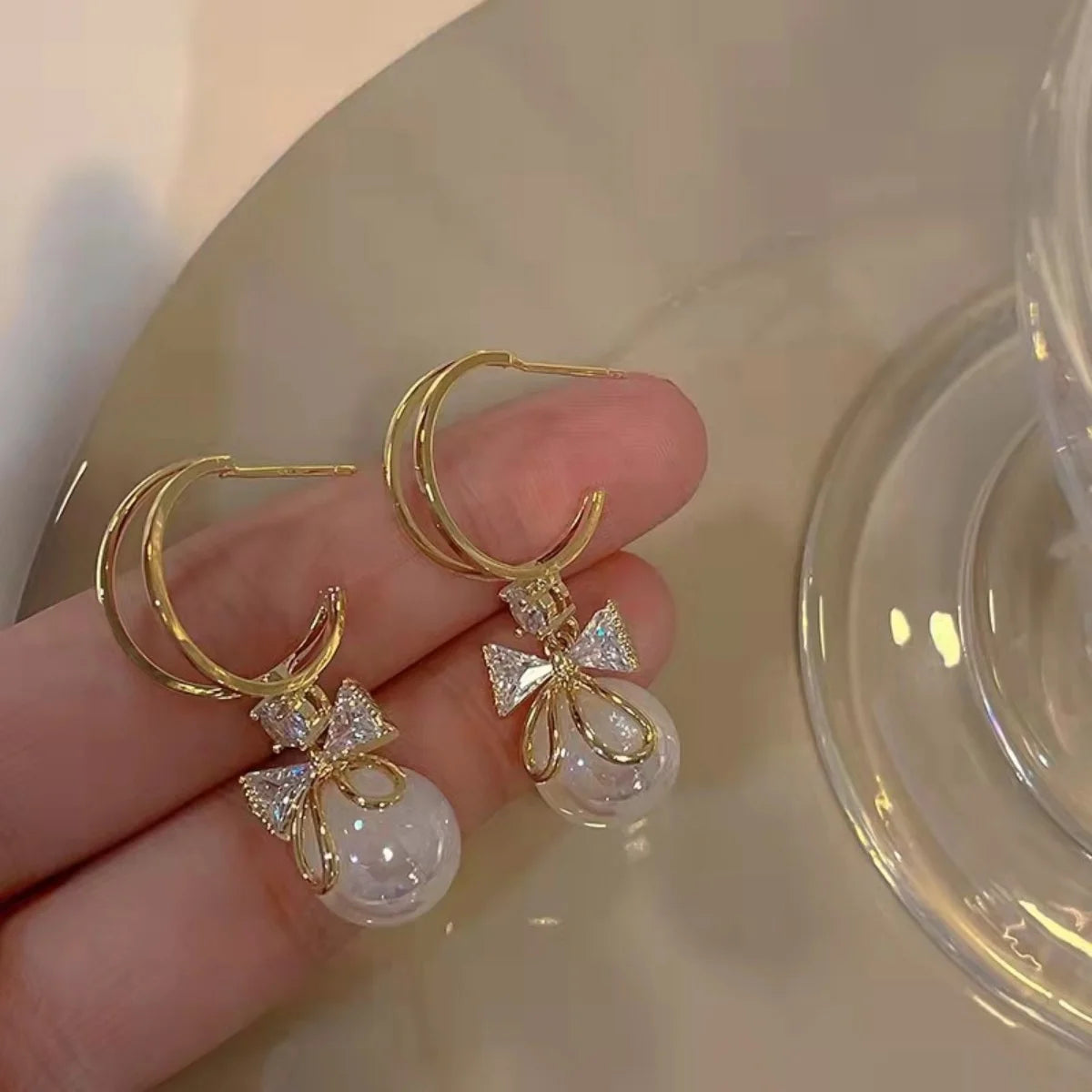 Korean Zircon Bow Drop Earrings with Imitation Pearl Flowers - Smarsty