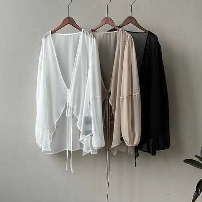 Shirts Women V-neck Loose Long Sleeve Open Stitch Korean Style Lace-up Simple Solid Summer Chiffon Breathable Minimalist Stylish - Smarsty