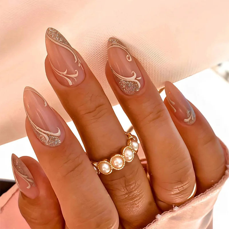 Colorful Press On Almond Nails Set with Pearl Flowers - Smarsty