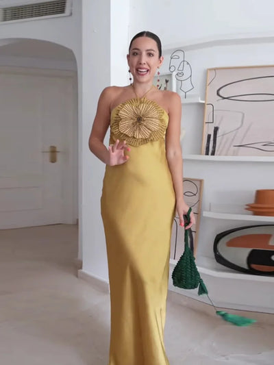 Elegant Party Women's Dress 3D Flower Halter Sleeveless Backless Mermaid Satin Female Dresses 2025 Summer Chic Evening Lady Robe - Smarsty