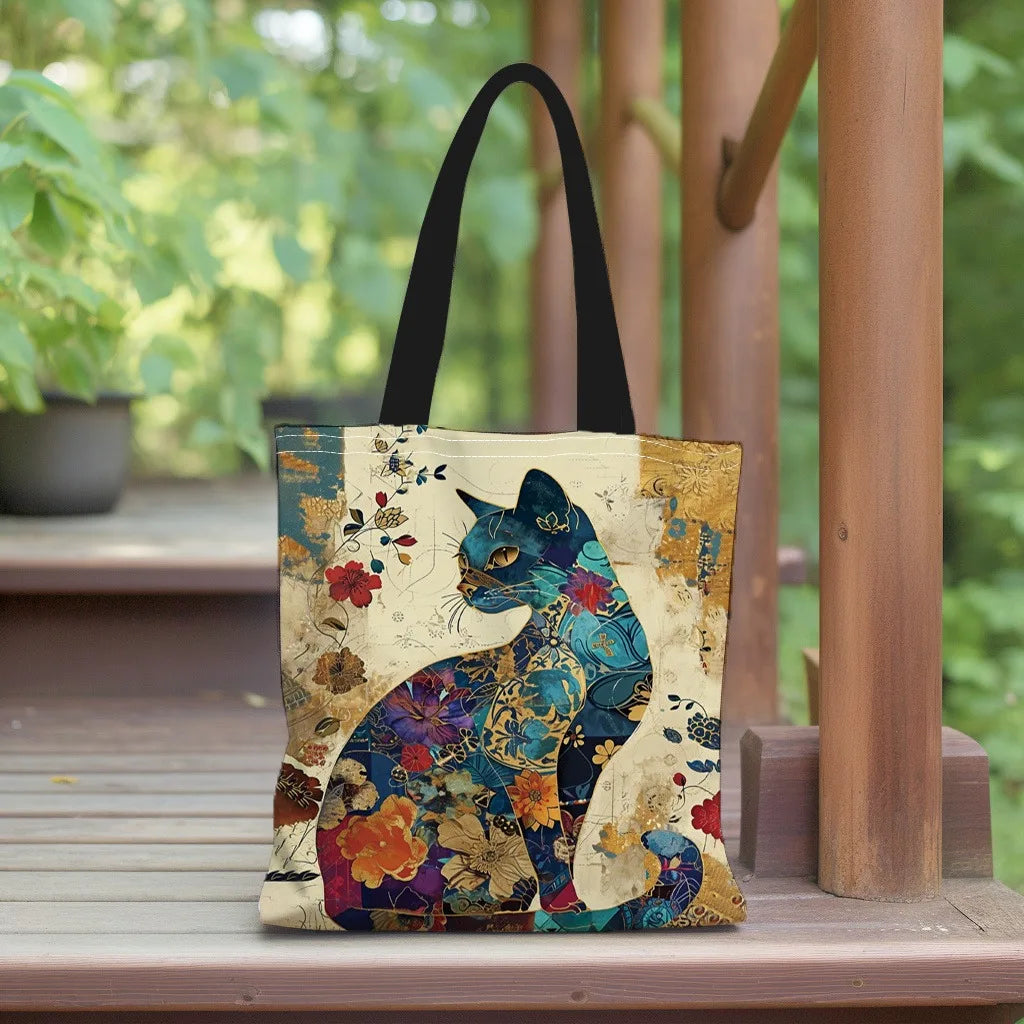 Floral Cat Pattern Tote Bag Canvas Lightweight Shoulder Bag - Smarsty