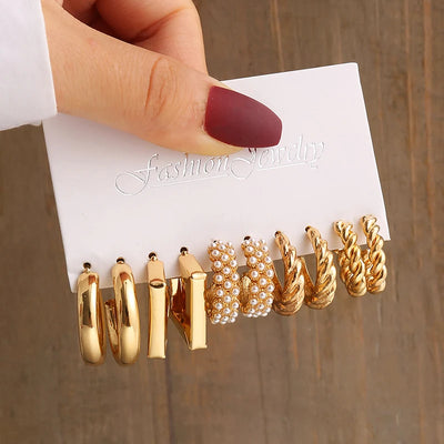 Gold Color Vintage Geometric Pearl Earrings Set For Women - Smarsty