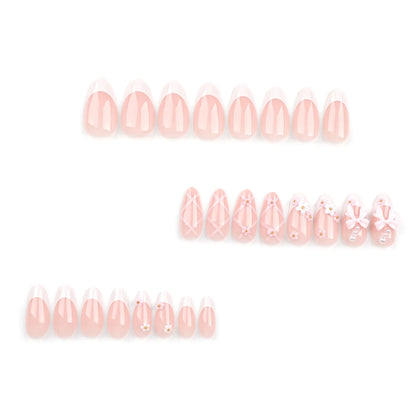24Pcs French Fake Nails with Pink Bow Design - Smarsty