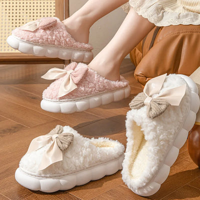 Winter Warm Fur Slippers for Women Cute bow House Non Slip Soft Shoes Comfort Flat Heel Home Indoor Bedroom Plush Slippers - Smarsty