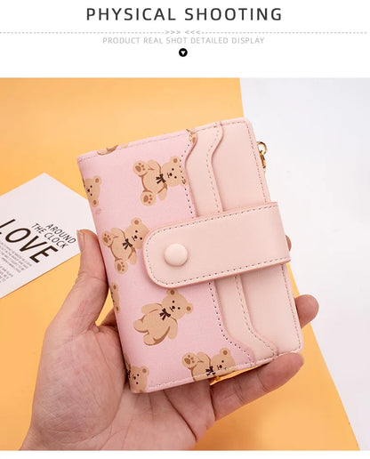 Women Short Wallets PU Leather Female Bifold Purses Cute Bear Card Holder Wallet for Girl Small Zipper Wallet with Coin Purse - Smarsty