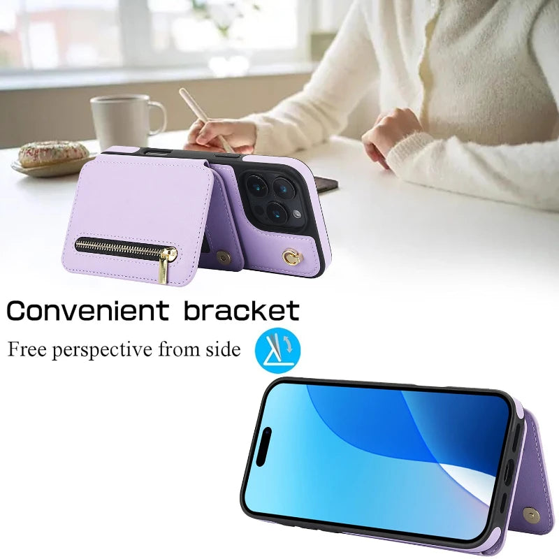 Card Slots Zipper Leather Wallet Case Flip Phone Case for IPhone 11 12 13 14 Ring Lanyard Purse by Smarsty